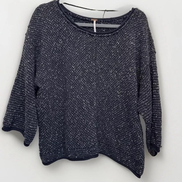 Free People Neck Knit Sweater Woman's‎ L Blue & Speckled White 3/4 Sleeve - Picture 1 of 7